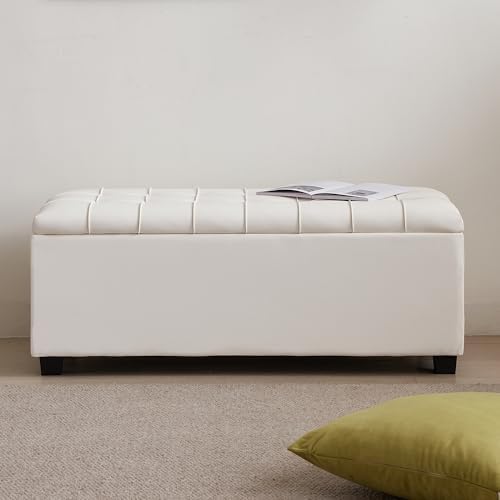 38" white faux leather ottoman storage bench with, view 9