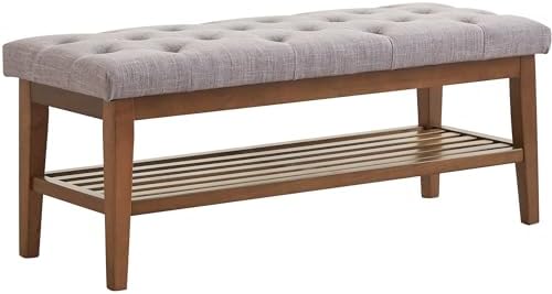 huimo upholstered entryway shoe bench, button tufted end, front angle view