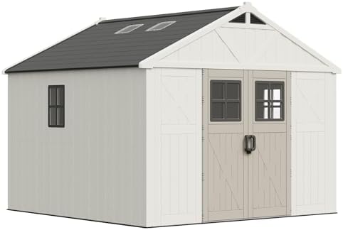 greesum 10x10ft resin outdoor storage shed with floor, front angle view