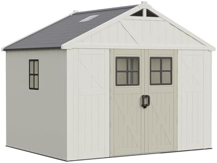 greesum 10x8ft resin outdoor storage shed with floor, front angle view