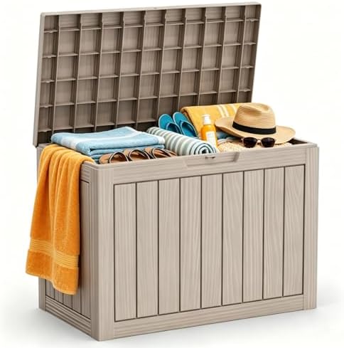 45 gallon resin outdoor storage box, waterproof deck, front angle view