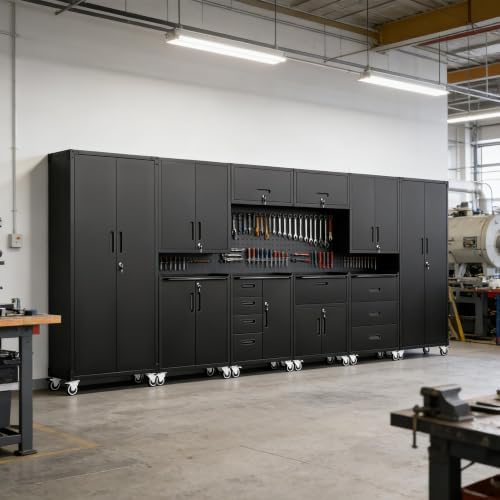 metal garage storage cabinet on wheels, lockable rolling, front angle view