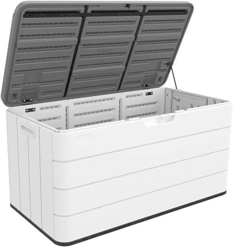 outdoor storage box waterproof, 100 gallon lockable resin, front angle view