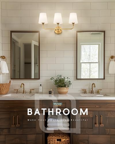 3-Light Brushed Gold Bathroom Vanity Light, White Fabric Shades | 24.5" bathroom light fixtures over mirror, upward only, E26 base, bulbs not included, VL837-BG-3