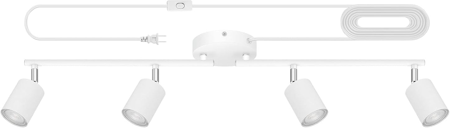 Plug in Track Lighting LED, Track Lighting Fixtures Ceiling, White 4-Light Kitchen Light Kit, Plug in Wall Light with 14.8ft Power Cord, Rotatable Ceiling Spotlight for Bedroom(GU10 Socket, NO Bulb)
