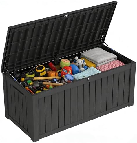 150 gallon outdoor storage box resin deck box, front angle view