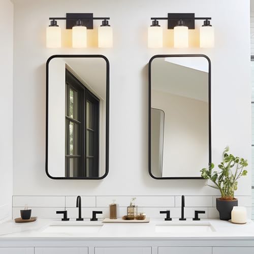 3-Light Black Bathroom Light Fixture Over Mirror,Modern Farmhouse Vanity Light,Wall Sconces with Milky White Glass Shade for Bathroom,Bedroom, Living Room,Staircase,Hallway E26