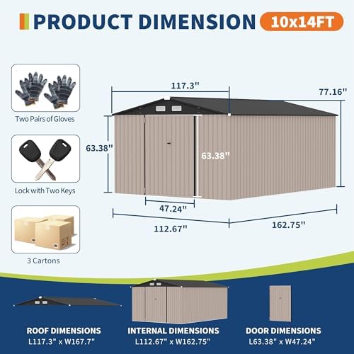 10x14 ft outdoor metal storage building, secure lockable, front angle view