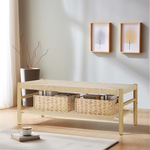 recaceik indoor entryway bench with paper cord ottoman, front angle view