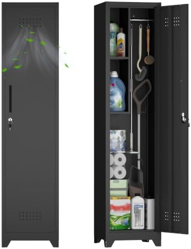 utility closet for cleaning supplies, black metal storage, view 9
