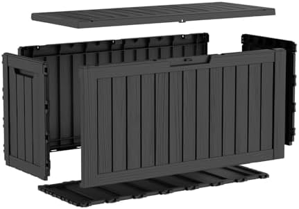 85 gallon outdoor deck box, resin waterproof storage, front angle view