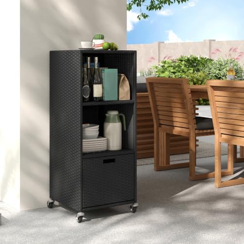 tangkula rattan outdoor storage cabinet with 4 wheels, view 9