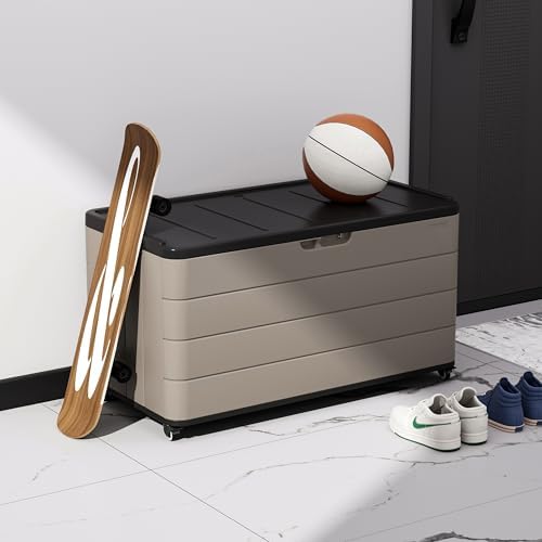 zzm 110 gallon outdoor deck box with wheels, front angle view