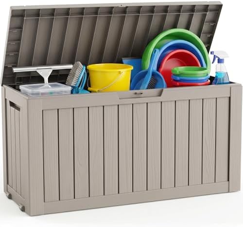 outdoor storage box,waterproof 100 gallon resin deck box, front angle view