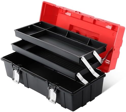 maxpower 16-inch tool box, three-layer folding plastic storage, front angle view