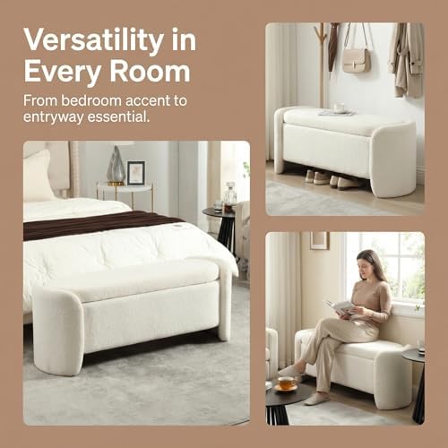 lukealon 50" wide sherpa storage bench, white, front angle view