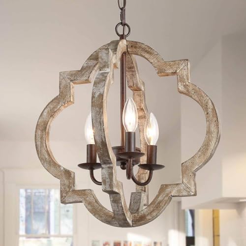 LOG BARN Farmhouse Chandelier, 3 Lights Rustic Handmade Wood Orb Chandeliers Hanging Pendant Light Fixtures for Dining Room, Bedrooms, Foyer, Entryway and Hallway