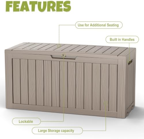 145 gallon outdoor storage box waterproof deck box, front angle view