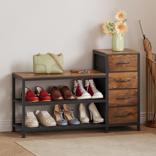 exotica industrial shoe storage bench with 4 drawers, front angle view