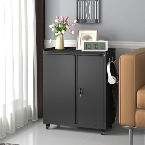 metal garage storage cabinet with wheels, lockable rolling, front angle view