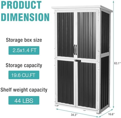 5ft outdoor storage shed with 3-level adjustable shelves on a desk or shelf