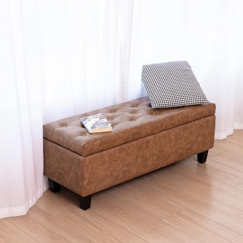 redlife 42" faux leather storage ottoman bench, end, front angle view