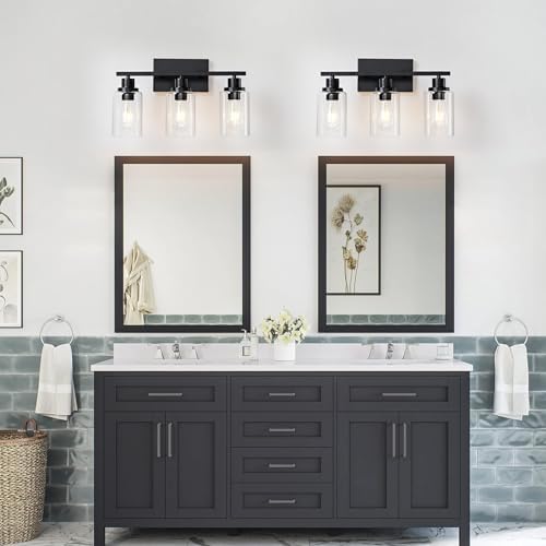 3 Light Bathroom Light Fixtures Black Vanity Light Over Mirror Modern Farmhouse Wall Lighting Sconces Rustic Industrial Wall Lamp for Bathroom, Bedroom, Living Room E26 Socket with Glass Shade