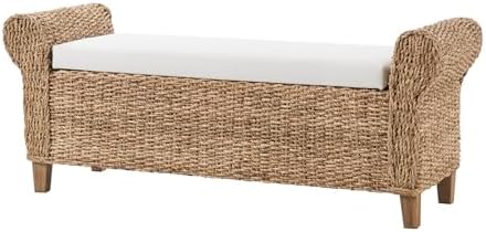 56" rattan storage bench with rolled arms, bohemian on a desk or shelf
