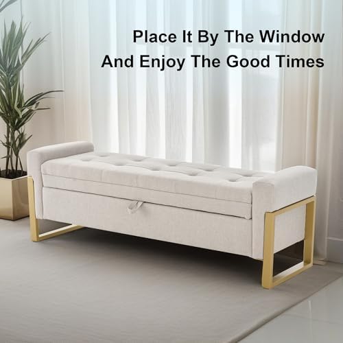 57" storage ottoman bench,upholstered linen end of bed, view 9