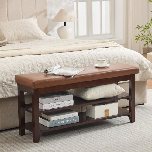40"wooden shoe rack with seat, entryway bench with, front angle view