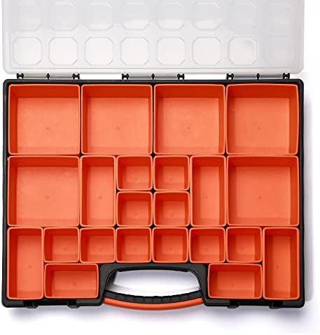 multi-purpose toolbox, professional organizer with 22 bin compartments, front angle view