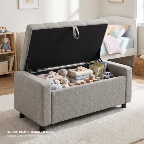 46" storage ottoman bench, 30gal linen tufted, end on a desk or shelf