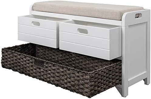 softsea storage bench with drawers and basket, farmhouse, front angle view