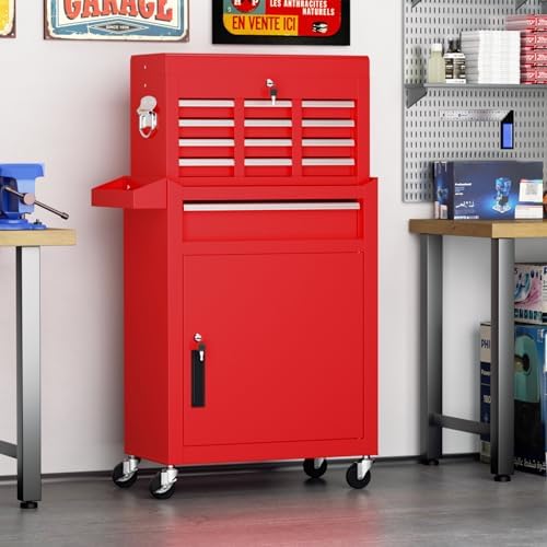 crownland 5-drawer rolling tool chest with wheels, red, view 9