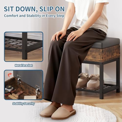 shoe storage bench, small ottoman with storage, padded, front angle view