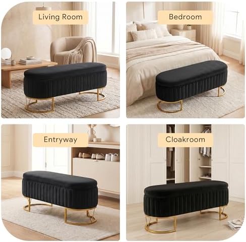 storage bench bedroom bench, velvet oval upholstered end, front angle view