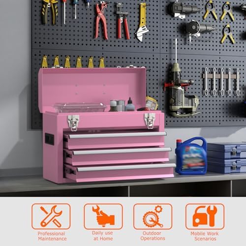 portable metal tool box with drawers, latches tool on a desk or shelf