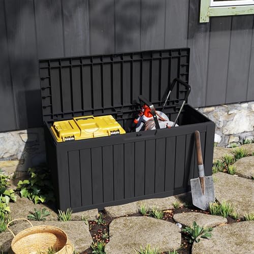 outdoor storage box waterproof with wheels, 76 gallon on a desk or shelf