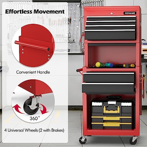 ironmax tool cabinet on wheels, 6-drawer lockable rolling, front angle view