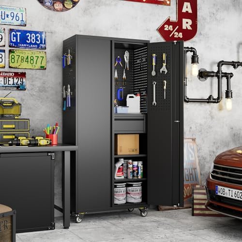 reemoon 71" metal garage cabinet with wheels, drawer, view 9
