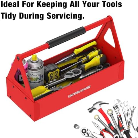 unitedpower handy tool box, portable metal tote tray, front angle view