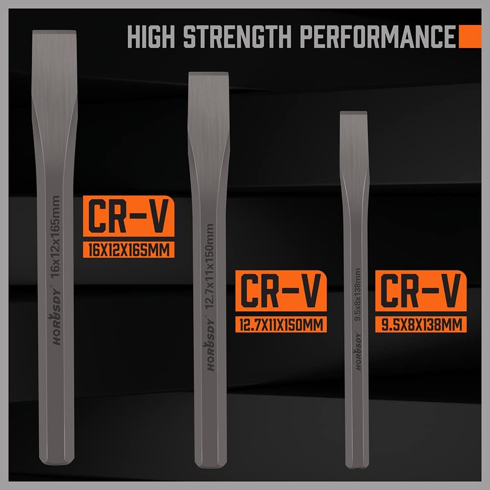 HORUSDY 3-Piece Heavy-Duty Cold Chisel Set, 3/8", 1/2", 5/8" Metal Chisels, Drop-Forged Cr-V Steel for Woodworking, Metalworking, Masonry & Carpentry (Pack of 2)