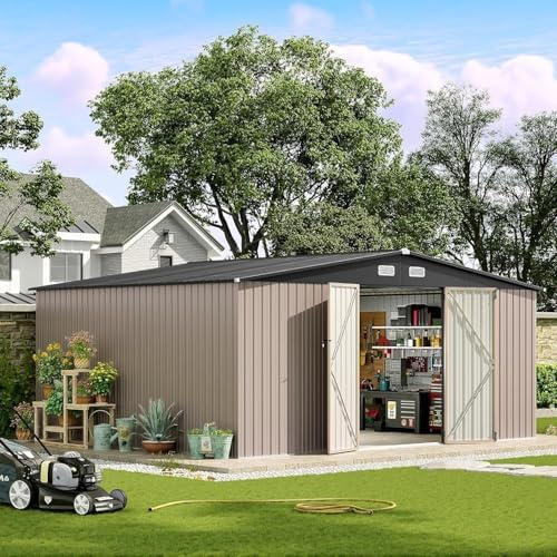 aoxun 14x12 ft outdoor storage shed, metal shed, front angle view