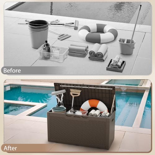 devoko 100 gallon deck box waterproof outdoor storage on a desk or shelf