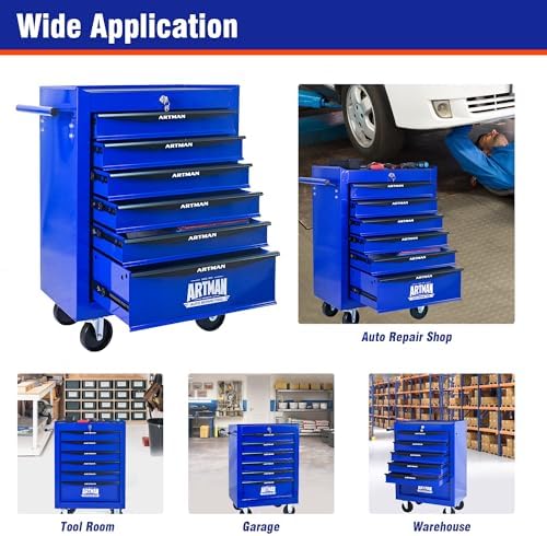 6-drawer heavy-duty rolling tool chest, lockable box organizer, front angle view