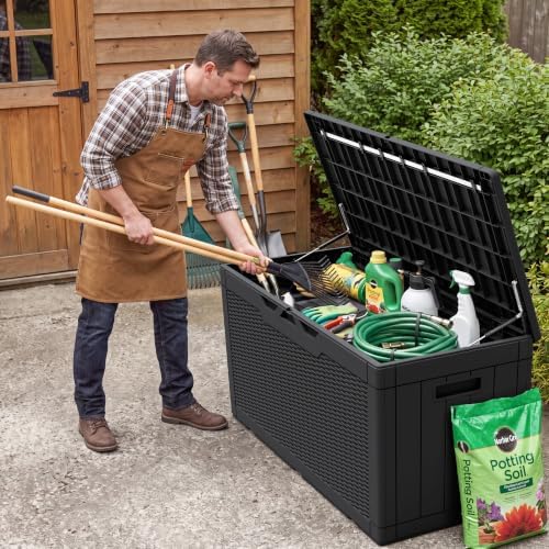 flamaker outdoor storage box 100 gallon waterproof resin on a desk or shelf