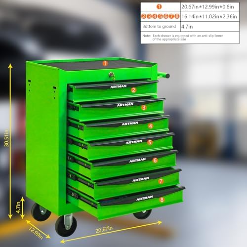 7-drawer rolling tool chest, lockable for garage, green, view 10