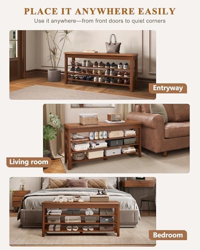 iunvr shoe rack bench seat rubberwood 3-tier wooden, front angle view