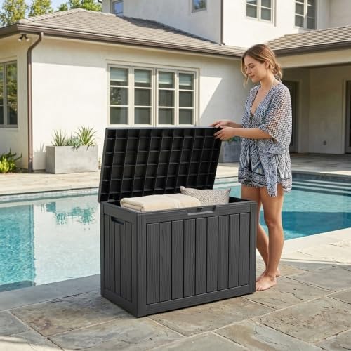 outdoor storage box, 50 gallon waterproof deck box, view 9