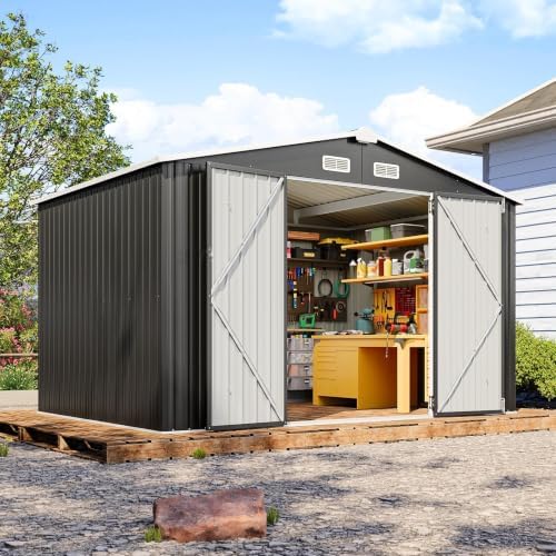 10x8ft outdoor storage shed black, front angle view